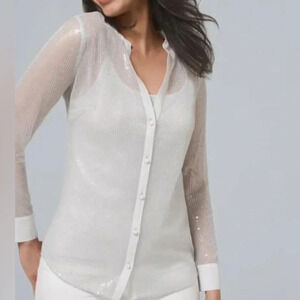 White House Black Market sheer sequin long sleeve button up blouse